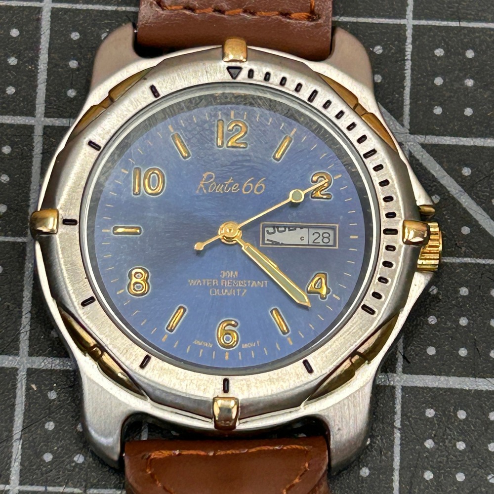 Route 66 Men's Watch Blue Dial‎ Gold Tone Bezel Quartz Leather Band
